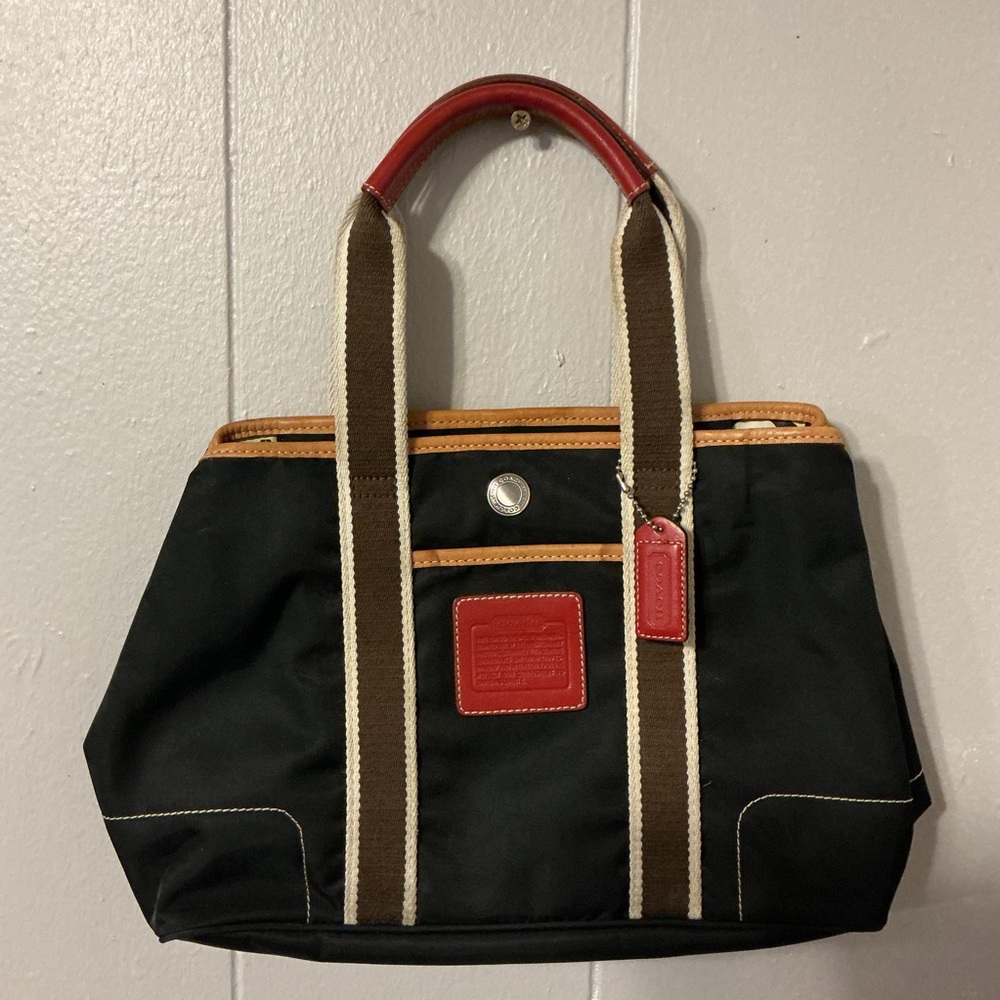 Coach Black and White Patterned Bag with Red Trim